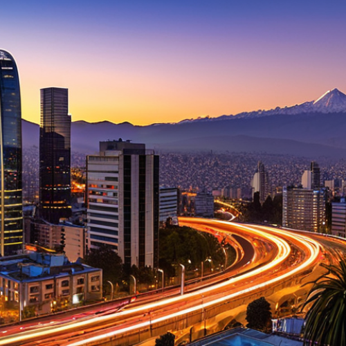 Home 11 **Prompt:** A modern Chilean city skyline (Santiago) at sunset, showcasing fiber optic cables running beneath the streets, with subtle 5G towers in the background, illustrating fast internet connectivity.