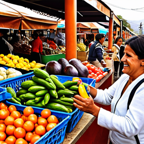 Home 6 A bustling Chilean marketplace scene. A vendor is enthusiastically saying "Al tiro!" while handing a customer a bag of fresh produce. The overall vibe should be lively and energetic, capturing the "right away" feeling. Include vibrant colors and details that represent Chilean culture.