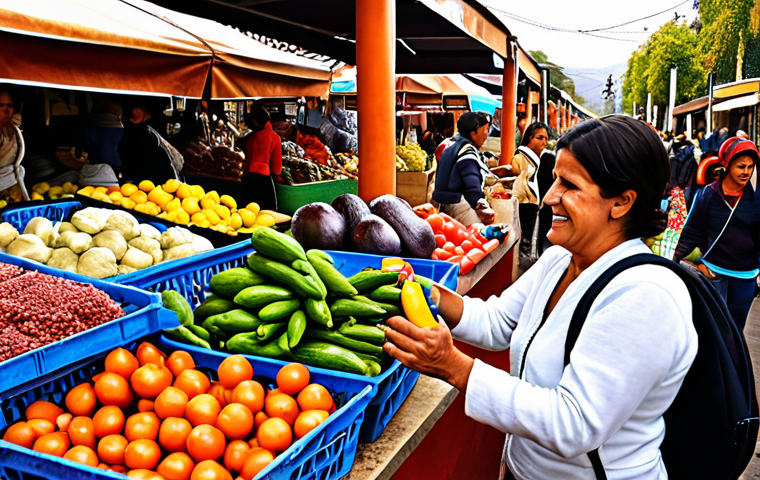 A bustling Chilean marketplace scene. A vendor is enthusiastically saying "Al tiro!" while handing a customer a bag of fresh produce. The overall vibe should be lively and energetic, capturing the "right away" feeling. Include vibrant colors and details that represent Chilean culture.